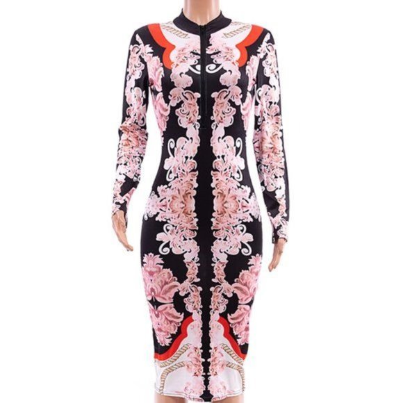 Callie Lives Dresses & Skirts - Callie Geisha: Cherry Blossom Sexy Stretch Bodycon Zip Up Midi Dress Medium
